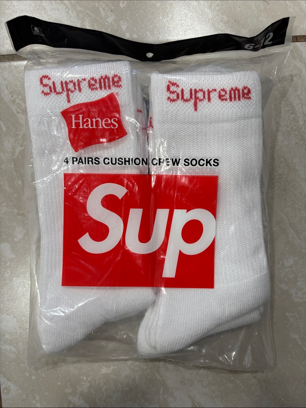 Supreme White Crew Socks with Red Logo - 4 Pack